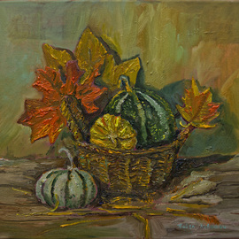 Pavel Levites: 'basket with pumpkins', 2023 Oil Painting, Botanical. Artist Description: This painting by Pavel Levites, created in 2023, is a fine art in the genre of still life. The work is made with oil paints on canvas and has dimensions of 40A--40A--2 cm. The picturesque basket with pumpkins symbolizes the autumn mood and simple village life. ...
