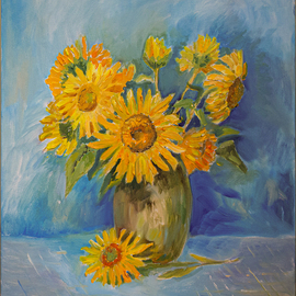 Pavel Levites: 'flowers of the sun', 2024 Oil Painting, Botanical. Artist Description: In this painting, Pavel Levites embodied the beauty of a summer garden full of sunlight and warmth. Bright sunflower petals symbolize the farewell to summer and remind of the cycles of life in nature. The carefully selected range of colors and the play of chiaroscuro turn flora into ...