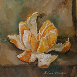 Pavel Levites: 'peeled orange', 2023 Oil Painting, Food. Artist Description: This painting was created in 2023, explores the still life through the prism of fine art. Shades of orange and yellow reveal the essence of edible fruits, emphasizing their freshness and healthy characteristics. The small format of 30. 5x30. 5x3. 5 cm emphasizes the detail and accuracy of ...