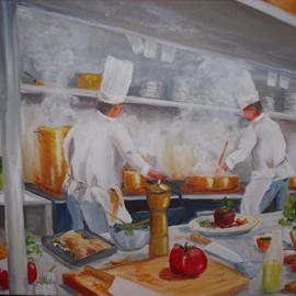 Gerard Bahon: 'Cooking Time', 2010 Oil Painting, Food. Artist Description:      Original oil painting . Cooks preparing food for customers during rush .      ...