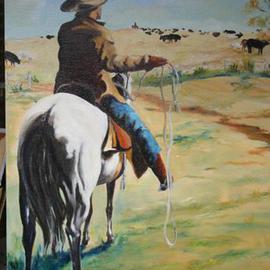 Gerard Bahon: 'The White Horse', 2011 Oil Painting, Landscape. Artist Description:         Original oil painting . Cowboy on horseback surveying his herd of cows ...