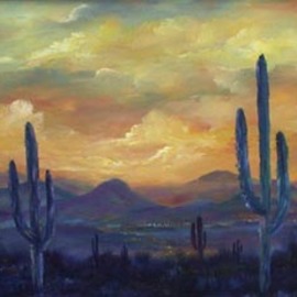Valda Fitzpatrick: 'arizona sunset', 2019 Oil Painting, Landscape. Artist Description: I often visit Arizona for its beautiful tropical scenery.  The sunsets are in its full and colorful glory.  In this painting, I tried to capture the evening yellow and orange sky contrasting the darker scenic evening view with visible city lights in the back ground.  The mountain view ...