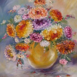 Valda Fitzpatrick: 'chrysanthemums', 2019 Oil Painting, Floral. Artist Description: yellow and orange chrysanthemums in yellow vase.  painted impressionistic style with added texture.  Adding some texture using a palette knife also adds more depth and life to the flowers.  The floral still life would look lovely in a dining room, hall way decor.  The still life is painted ...