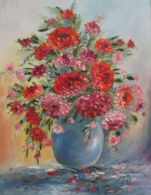 Artist Valda Fitzpatrick. 'Flowers With Blue Vase' Artwork Image, Created in 2018, Original Painting Oil. #art #artist
