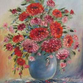 Valda Fitzpatrick: 'flowers with blue vase', 2018 Oil Painting, Floral. Artist Description: To add texture to the flowers, I used pure oil paints, Adding shades of pink coral orange colors with small pink flowers , combining cool and warm colors. Painted on stretched canvas. I use my  garden to paint  flowers. ...