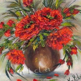 Valda Fitzpatrick: 'red poppies', 2019 Oil Painting, Floral. Artist Description: Small miniature painting of poppies in vase. original floral still life. The poppies are painted impressionistic style, added texture with a palette knife. copyright symbol will not appear on painting. The 5x5 inch painting is great to decorate small area spaces and is ready for hanging. The flowers ...