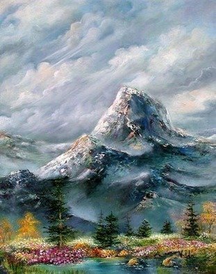 Valda Fitzpatrick: 'swiss alps in the spring', 2019 Oil Painting, Landscape. This is a spring scene of the Swiss alpsthat I often visited.  I love the alps and the beautiful scenery, where I did many sketches and photos.  I triedto capture the moving clouds flanked by giant mountains which are accented with spring flowers, evergreen trees and rocks by the flowing ...