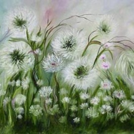 Valda Fitzpatrick: 'white dandelions', 2019 Oil Painting, Landscape. Artist Description: field of white dandelions landscape.  original landscape oil painting.  scenic flowers painting, field dandelions after blooming, fine art, impressionism, home decor, wall art, great for living room or dining room tranquil colors...