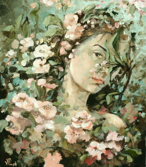 Vali Irina Ciobanu  'Portrait With Apple Flowers', created in 2008, Original Painting Oil.