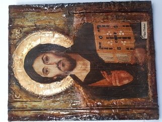 Evangelia Roumpani: 'jesus christ pantocrator sina', 2020 Other Printmaking, Religious. Wood Aging Technique and Decoupage. The materials are Wood, Golden Sheet, Water Lacquer, Antiqua Patina, Bee Wax. ...