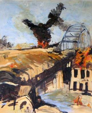 B Van Der Heide: 'Arnhem', 2011 Acrylic Painting, World Conflict.  arnhem, war, fire, smoke, ww2, bridge, war,  ...