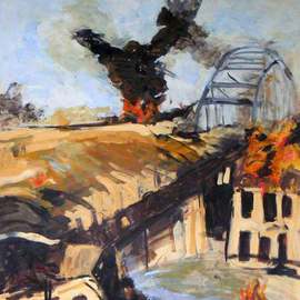 B� Van Der Heide: 'Arnhem', 2011 Acrylic Painting, World Conflict. Artist Description:  arnhem, war, fire, smoke, ww2, bridge, war,  ...