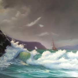 Vasil Vasilev: 'moon light', 2020 Oil Painting, Seascape. Artist Description: moon light, dynamic breaking waves, cliff, coast...