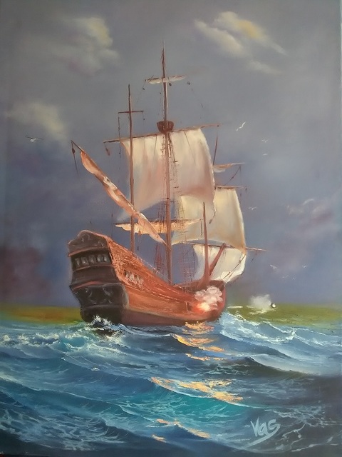 Vasil Vasilev  'Pirate Sailboat', created in 2020, Original Painting Oil.