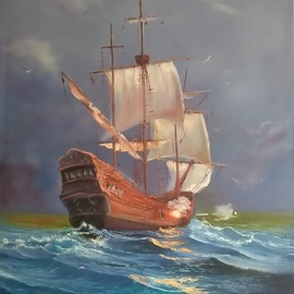 Vasil Vasilev: 'pirate sailboat', 2020 Oil Painting, Seascape. Artist Description: sea battle, ship, waves, sun, glossy water, gun shot...