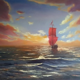 Vasil Vasilev: 'red sails', 2020 Oil Painting, Seascape. Artist Description: plain air, ship with red sails, Black sea- Bulgaria, sunset...