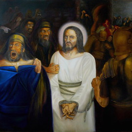 Vasily Zolottsev: 'You have told', 2009 Oil Painting, Religious. Artist Description:  In this picture the culmination moment of the trial over Jesus Christ at highpriest Kaiafa has been impressed. In the center of the composition we see Christ, an ex- highprist Anna, gripped Christ by his rough hand, and Kaiafa, tearing his clothes. After some sterile interrogations His prosecutors ...