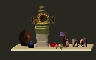 Robert Missale: 'green vase with sunflower', 2022 Digital Painting, Still Life. a still- life featuring a green vase with sunflowers, a copper bowl, purple roses in a bottle  could be toxic , and red rose lying on a table as well as an ink bottle with blue ink...