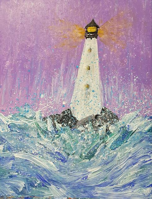 Artist Valerie Leri. 'Waves Breaking On Lighthouse' Artwork Image, Created in 2017, Original Painting Acrylic. #art #artist