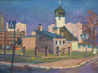 Victor Onyshchenko: 'church in kiev', 2013 Oil Painting, Cityscape. Landscape with church on streets of Kiev. ...