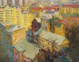 Victor Onyshchenko: 'podil kyiv', 2014 Oil Painting, Cityscape. Roofs of the Kiev lodges on the Podil. View from Shchekavitsa s mountain. ...