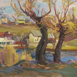 Victor Onyshchenko: 'willows near the lake', 2016 Oil Painting, Landscape. Artist Description: The lake in Kiev. The spring landscape, is painted on an open- air. ...