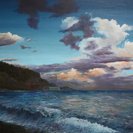 Vladimir Volosov: 'evening on the ocean', 2018 Oil Painting, Marine. Artist Description: The author s style is lyrical realism impressionism.  It is Textured and multilayered painting.  Made with Oil on canvas. There is no doubt that visual art is a powerful medium. It has the ability to inspire and to move us deeply  For me, the process of creating a ...