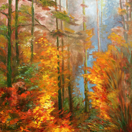 Vladimir Volosov: 'landscape with red trees', 1997 Oil Painting, Landscape. Artist Description:      This artwork is an original unique terxtured oil painting on canvas on a wooden frame, painted using a palette knife. Original artistaEURtms style aEUR