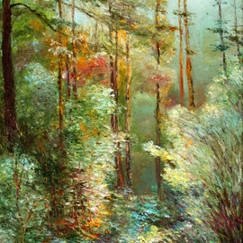 Vladimir Volosov: 'light shadows in the forest', 2020 Oil Painting, Landscape. Artist Description:      This artwork is an original unique terxtured oil painting on canvas on a wooden frame, painted using a palette knife. Original artistaEURtms style aEUR