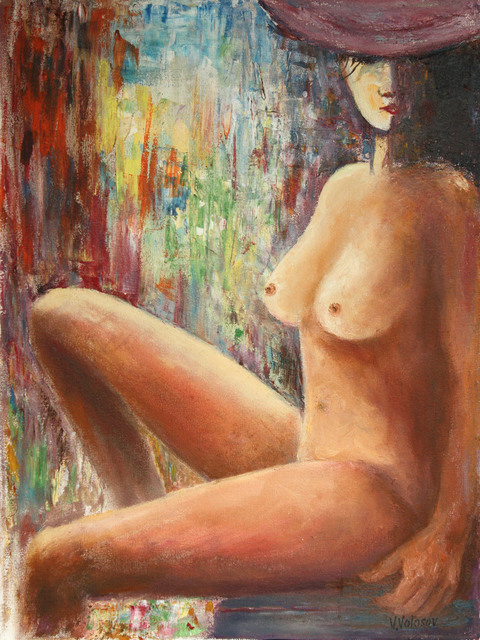 Artist Vladimir Volosov. 'Nude Girl With The Hat' Artwork Image, Created in 2019, Original Painting Oil. #art #artist