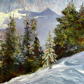 Vladimir Volosov: 'winter in the mountains', 2005 Oil Painting, Landscape. Artist Description: The author s style is lyrical realism impressionism.  It is Textured and multilayered painting.  Made with Oil on canvas. Undoubtedly, fine art is a powerful medium.  It has the ability to inspire and touch us deeply.  For me, the process of creating a picture is transcendent, I completely ...