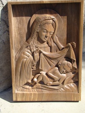 Vojo Stojanovski: 'Virgin covering the child', 2009 Woodcut, Religious. 