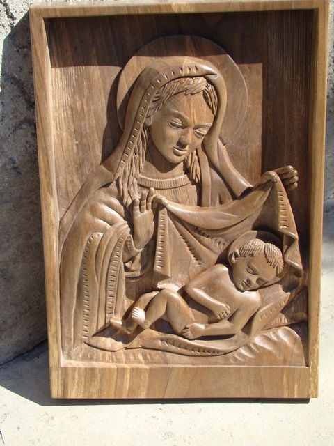 Vojo Stojanovski  'Virgin Covering The Child', created in 2009, Original Woodworking.