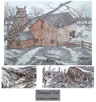 Dana Deerberg: 'Barnyard Owl', 1994 Pen Drawing, Landscape.  Wildlife art prints located in Minnesota. All kinds of nature art that makes a statement in your home or office. Nature, barns and owls  in colored ink.   ...