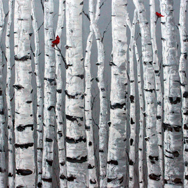 Jennifer Vranes: 'love birds', 2017 Acrylic Painting, Trees. Artist Description: Aspen Art, Monochromatic, Jennifer Vranes, JensArt, The Aspen Artist, Red Cardinal...