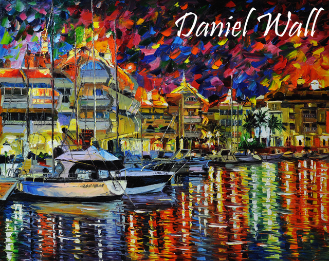 Artist Daniel Wall. 'Benalmadena Port Harbor At Dusk' Artwork Image, Created in 2015, Original Printmaking Giclee. #art #artist