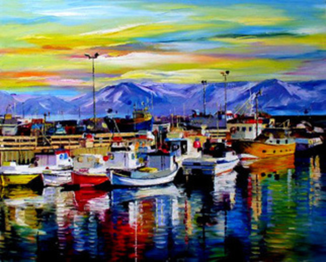 Artist Daniel Wall. 'Peaceful Fishing Harbour' Artwork Image, Created in 2008, Original Printmaking Giclee. #art #artist