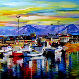 Daniel Wall: 'Peaceful Fishing Harbour', 2008 Oil Painting, Seascape. 