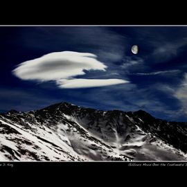 Wayne King: 'Gibbous Moon Over the Continental Divide Fine Art Poster', 2008 Color Photograph, Landscape. Artist Description:  A gibbous moon and lenticular cloud mingle over the Rocky Mountains along the Continental Divide, Colorado. Poster. Gibbous, quarter moon, rise, cornice, continental divide, Colorado, full, moon, moonrise, winter, snow, white, Decorative Art, Fine Art, B& W, Wayne, King, Wayne D. King,  Wayne King, photo, photograph, photography, dreamscape, ...
