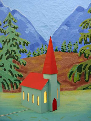 Wayne Montecalvo: 'Church and backdrop from video called giant', 2008 Indoor Installation, Landscape. Artist Description:  Backdrop acrylic paint on Typar with cardboard church. Overall size is approx 10 ft tall 7 ft wide. Church approx 36 in tall 18 wide 20 in deep.  ...