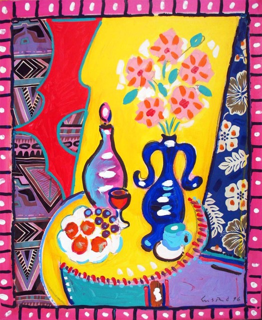 Wayne Ensrud  'Blue Vase On Yellow Table', created in 1996, Original Painting Oil.