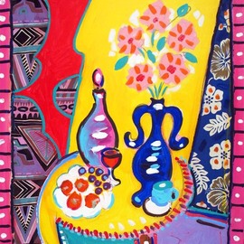 Wayne Ensrud: 'blue vase on yellow table', 1996 Acrylic Painting, Floral. Artist Description: Affirming joy in the face of sorrow is what my art is about. ...