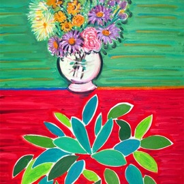 Wayne Ensrud: 'green leaves', 1989 Acrylic Painting, Floral. Artist Description: True art not only portrays but evokes. This painting is a forever fresh vision of flowers and vibrant large green leaves that invite viewers to meditate and enjoy. ...