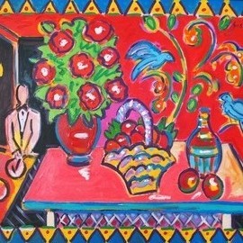 Wayne Ensrud: 'still life at felidia nyc', 1996 Acrylic Painting, Floral. Artist Description: A vibrantly hued scene of sensations: flowers to breathe in, fruits to taste and luscious wine to drink . ...