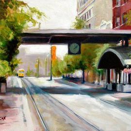 Wayne Wilcox: 'Peabody Place Trolley Station', 2005 Oil Painting, Cityscape. Artist Description: Peabody Place trolley station at South Main Street Memphis...