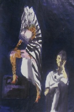 Harry Weisburd: 'Artist with Model with Zebra Towel', 1998 Watercolor, Erotic.  Erotic, sensual Watercolor on paper painting of artist with erotic model covered with a Zebra towel. ...