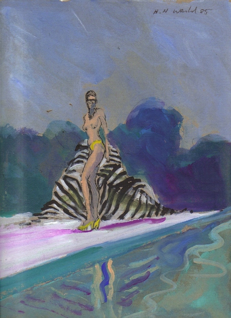 Artist Harry Weisburd. 'Bikini Babe With Zebra Towel By Pool' Artwork Image, Created in 1985, Original Pottery. #art #artist