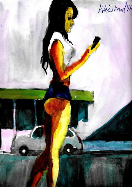 Artist Harry Weisburd. 'Cell Phone Addict In Short Shorts' Artwork Image, Created in 2016, Original Pottery. #art #artist