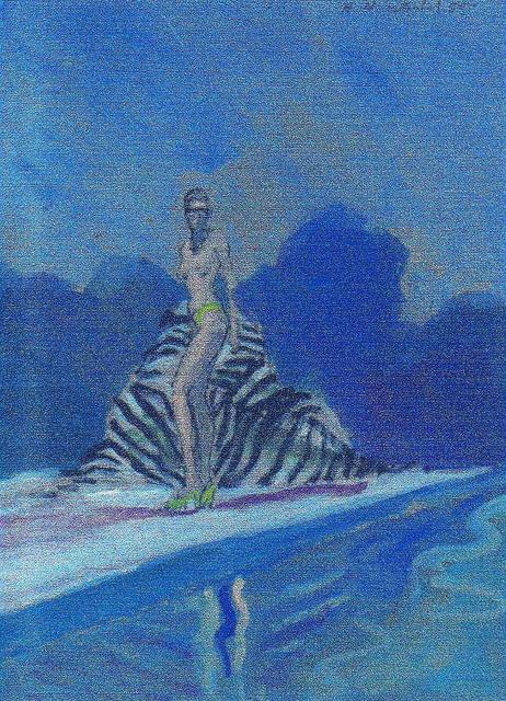 Artist Harry Weisburd. 'Nude With Zebra Chair By Swimming Pool' Artwork Image, Created in 2007, Original Pottery. #art #artist