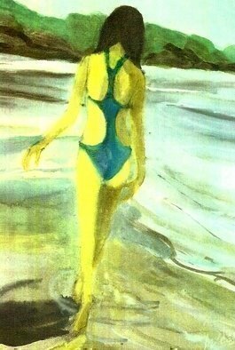 Harry Weisburd: 'Woman Blue Bikini  3D', 2012 Watercolor, Beach.        3D, female , erotic, figurative, realism ,   bikini, beach, sea , sand, ocean                                                  ...